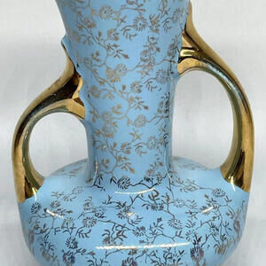 PEARL Blue Double Handle 6"‎ Vase Porcelain Hand Decorated 22k Gold Vintage